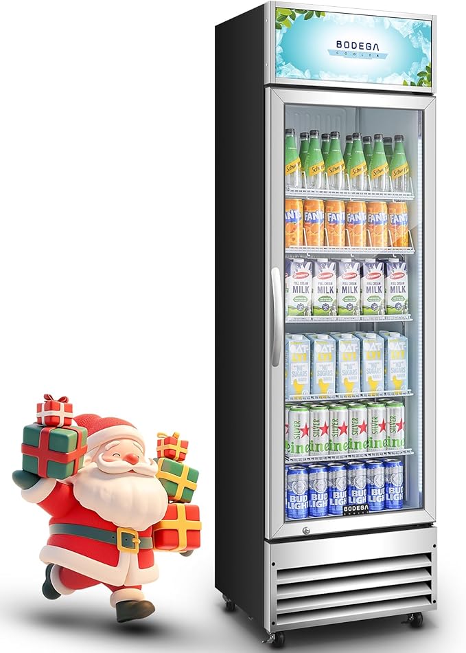 BODEGACOOLER Commercial Merchandiser Refrigerator, 12.5 Cu.Ft Glass Door Display Refrigerator, Upright Beverage Cooler with Soft LED Light, Adjustable Shelves, 4 Strong Castors(Stainless Steel)