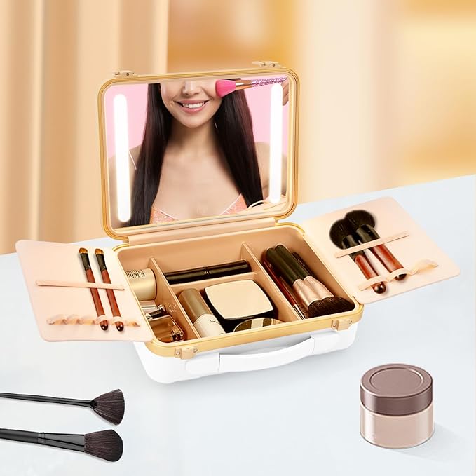 Portable Makeup Box, 11.42 * 3.54 * 8.66 In Travel Makeup Train Cases Cosmetic Organizer Portable Make Up Storage Box with Led Mirror for Makeup Artists Hair Stylists Nail Technicians (White)