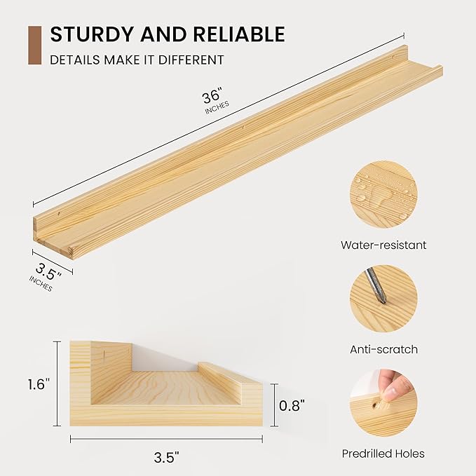 Picture Ledge Shelf, Floating Shelves Set of 2, 36 Inches Solid Wood Nursery Book Shelves for Toys Storage, Kids Bookshelf Wall Mounted for Living Room Decor Books Photo Frames, Unfinished Natural