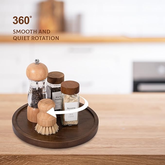 Wood Lazy Susan Organizer Kitchen Turntable for Cabinet Farmhouse Bathroom Decor Round Decorative Tray for Vanity, Counter, Sink, Coffee Table, 9 Inch, Walnut