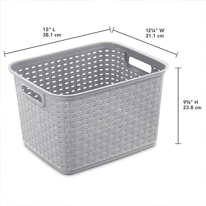 Sterilite 6-Pack Tall Weave Basket, Wicker-Style Plastic Open Storage Bin, Cement Gray - Multi-Purpose Decorative Organizer for Laundry Area, Shelves, Closets, Pantries, Living Rooms or Offices