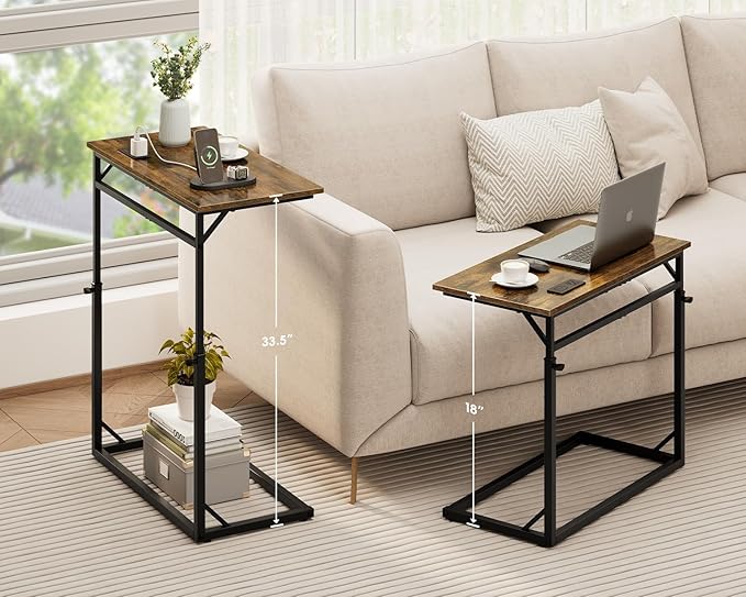 Vagusicc C Shaped End Table with Charging Station, Large C-Table End Table Adjustable Height Side Table for Couch, Couch Table Slide Under Sofa Table TV Tray Table for Sofa, Living Room, Bedroom,Brown