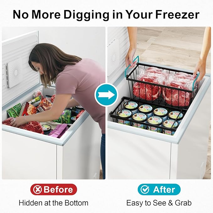 iSPECLE Chest Freezer Organizer Bins - 4 Pack Small Stackable Freezer Organizer Bins for 5 to 7 Cu.FT Small Deep Freezer (14.7"L X 7.1"W X 6.1"H) Easy to Get Food from Bottom without Digging, Black