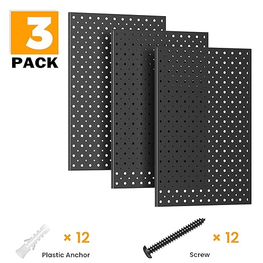 Pegboard Smith Metal Pegboard Panels, 16" x 12" Heavy-Duty Wall Peg Boards for Garage Tool Storage, Pegboard Organizer System (Pack of 3, Black)