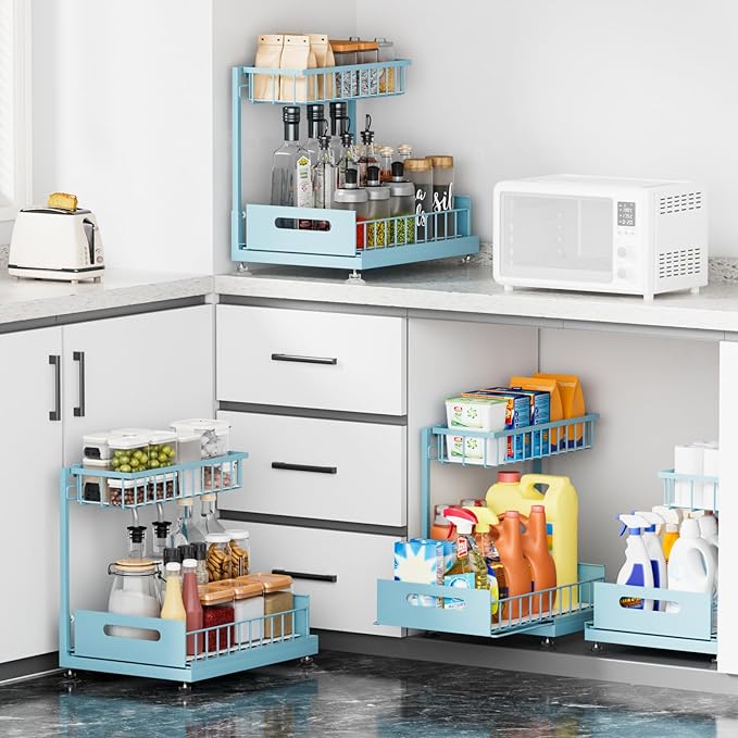 2 Pack Under Sink Organizer Storage 2-Tier Premium Metal Pull-Out Racks, Height Adjustable, Easy Installation | Kitchen & Bathroom Organizers Teal
