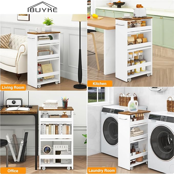 IBUYKE Slim Storage Cart 7.9" W, Rolling Kitchen Storage cart on Wheels for Small Spaces, 4-Tier Laundry Cart with Handle, Slide Out Utility Cart for Kitchen, Bathroom, Laundry,White UWST005W-L