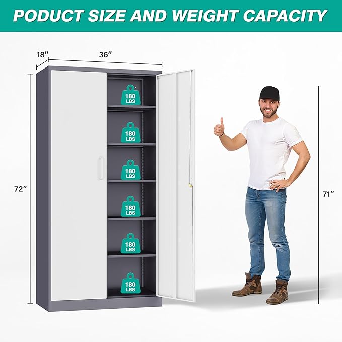 Wide & Deep Metal Storage Cabinet with 2 Doors and 5 Adjustable Shelves,72 inch Tall Locking Garage Storage Cabinet with Lock,Gray White Pantry Cabinets,Steel Cabinets for Home,Office,Garage 72x36x18