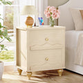 Cyclysio Nightstand with Charging Station, Side End Table with 2 Drawers, Modern Wood Night Stand with Scalloped Pattern for Bedroom, Bedside Night Tables with Solid Wood Gourd Legs