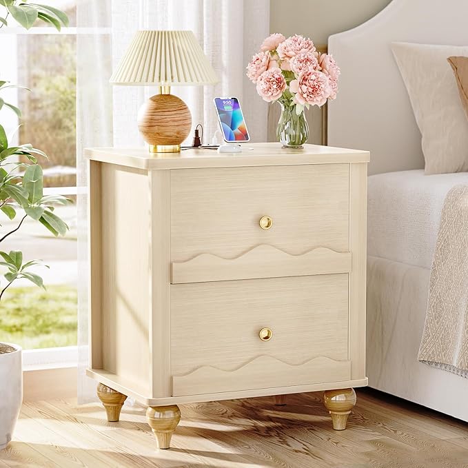 Cyclysio Nightstand with Charging Station, Side End Table with 2 Drawers, Modern Wood Night Stand with Scalloped Pattern for Bedroom, Bedside Night Tables with Solid Wood Gourd Legs