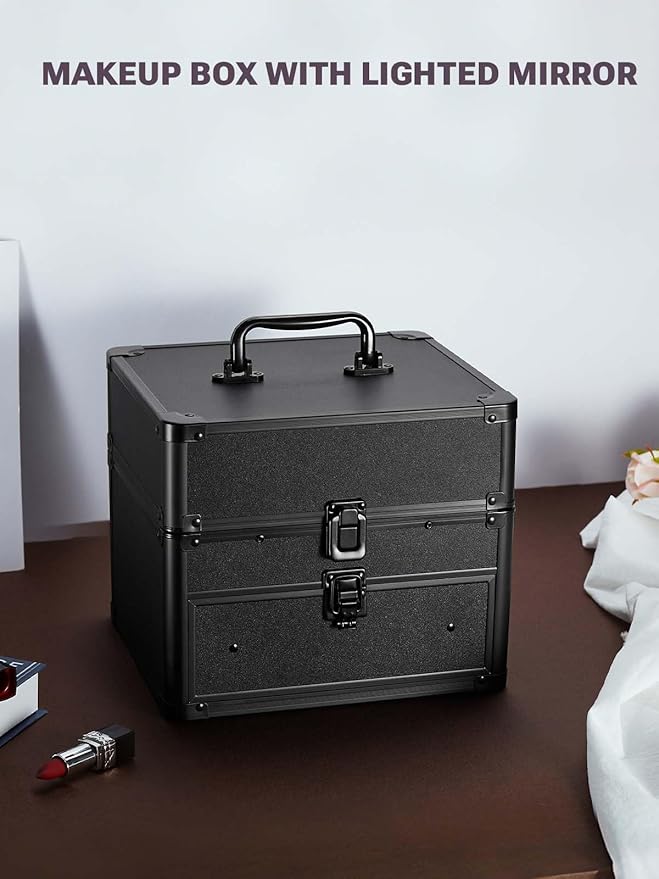 Qislee Makeup Box with Drawer and Four Trays, A Detachable Lighted Mirror, Waterproof Travel Train Case, Cosmetic Organizer and Makeup Suitcase with Magnetic LED Mirror(Black)