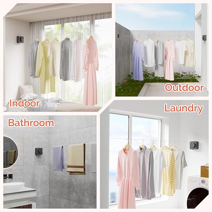 Retractable Clothesline Indoor, Non-Sagging Outdoors Clothesline Retracting, Heavy Duty Retractable Clothes Drying Laundry Line, Wall Mounted Stainless Steel Line - 13.8 Ft (Gray)