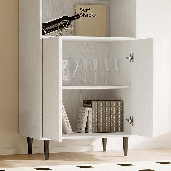 TUSY 70.9“ H Bookcase with Doors, 6-Tier Bookshelf with Open Shelf, Display Curio Cabinet with Glass Door, Narrow Display Bookcase for Home, Office, Clinic, Pantry (White)