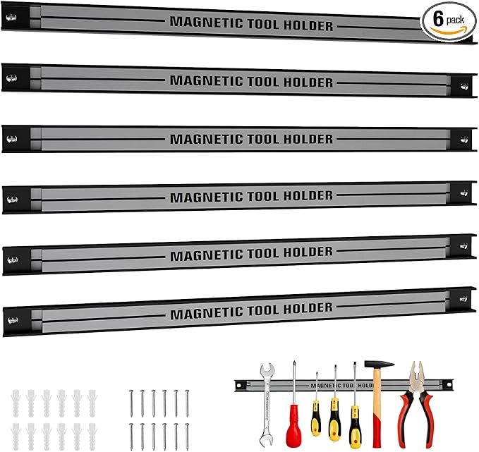 18" Magnetic Tool Holder Strip, 6 Pack Magnet Bar with Mounting Screws, Heavy Duty Magnetic Strips Tool Organizer for Garage Shop Workbench Kitchen Organization (Sliver)