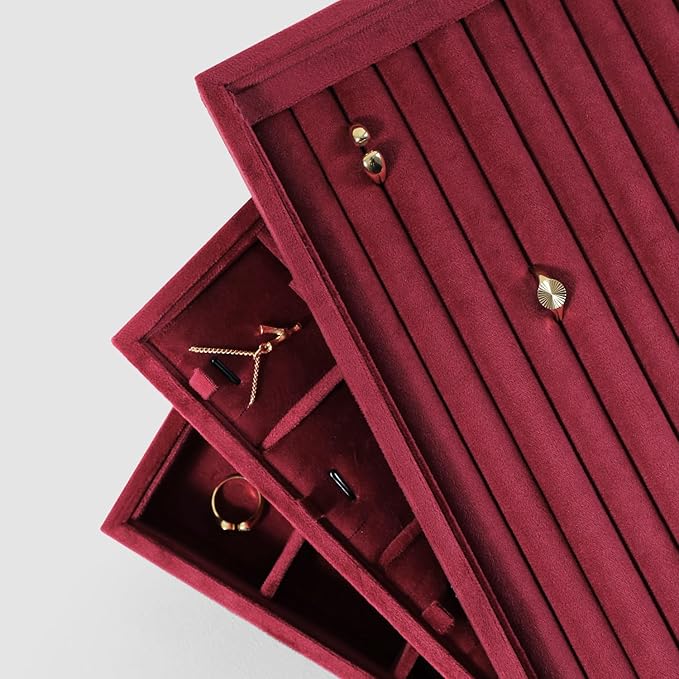 Velvet Ring Display Tray, Stackable Muilt Slot Rings Ear Stud Storage Tray, Drawer Insert Jewelry Accessories Organizers Plate (Red)