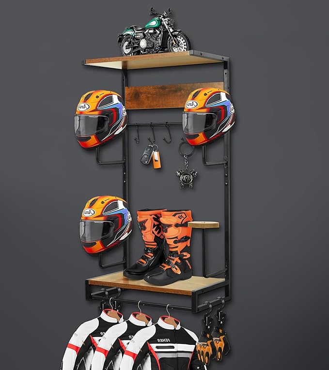 Motorcycle Helmet Rack Wall Mount, Retro Rust Helmet Holder with Wood Floating Shelf and Hooks for Storage