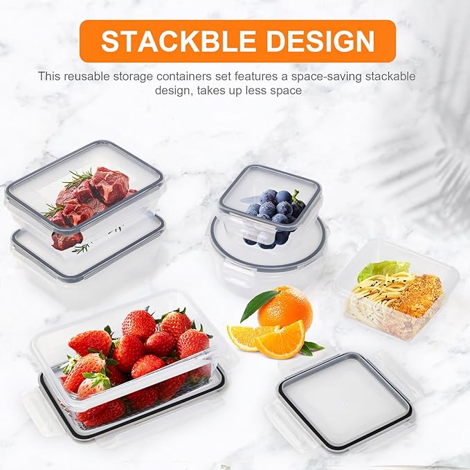 24Piece Food Storage Container with Lids (12 Containers + 12 Lids)，plastic sealed food storage box，Suitable for the storage and organization of food in the kitchen，BPA Free Storage Containers