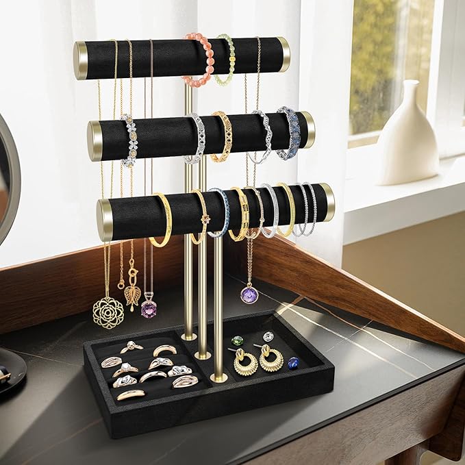 Flexzion 3 Tier Bracelet Holder Display Stand - Black Velvet Bracelet Holder Organizer with Detachable T Bar - Jewelry Display Stand for Bracelets, Bangles, Necklace, Watches, Rings