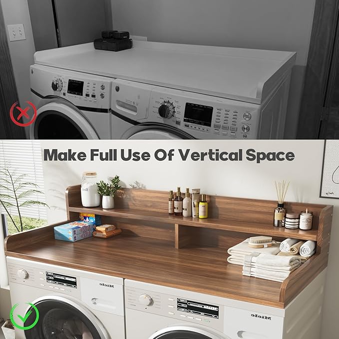 2-Tier Washer and Dryer Countertop,2.75" H Guard,58" W x 28" D Laundry Countertop Cover with Non-Slip Pad,Large Space Laundry Topper for Folding Clothes Over Washer and Dryer-Dark Walnut