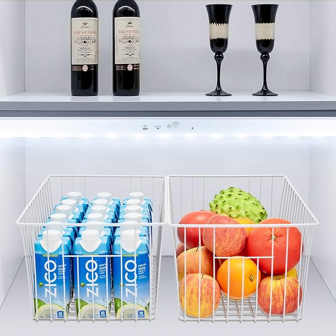 Freezer Basket Organizer, Refrigerator Metal Wire Storage Divider, Household Container Bins with Handles for Kitchen, Pantry, Cabinet, Closets - Pearl White (4, 16in x 9in x 7in)