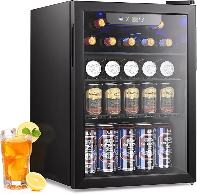 2.7 Cu.ft Beverage Refrigerator Cooler, 95 Can Mini Fridge Glass Door with Adjustable Shelves, Digital Temperature Display, Freestanding Small Drink Fridge for Home, Office or Bar(Black)