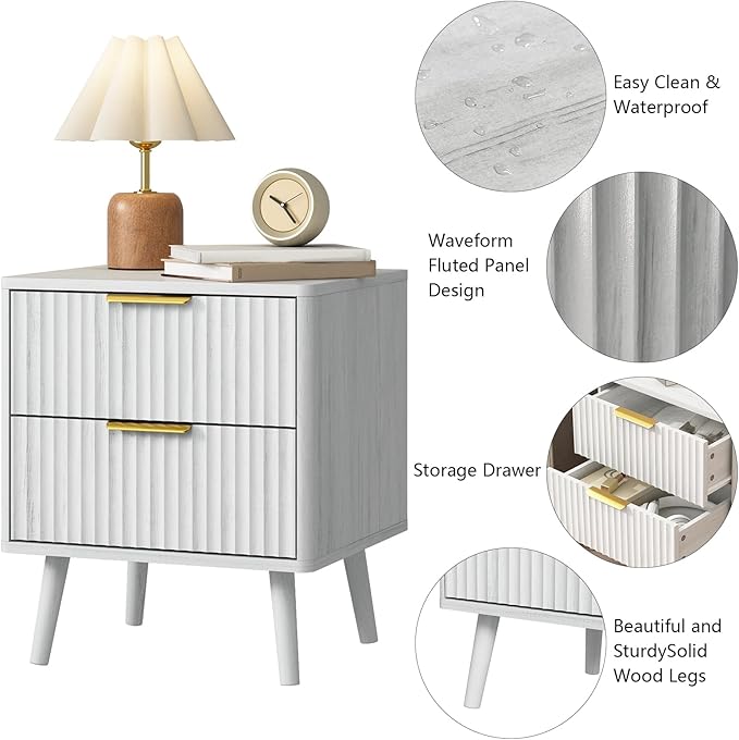 CARPETNAL Fluted Nightstand, White Bedside Table with 2 Drawers and Gold Handles, Wood End Table Mid Century Night Stands for Bedroom Living Room