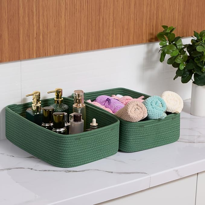 Large Shallow Organizing Baskets 15x11x5.1 Inches - Rope Woven Storage Bins for Bathroom, Shelves, Cube Closet, Green 2 Packs