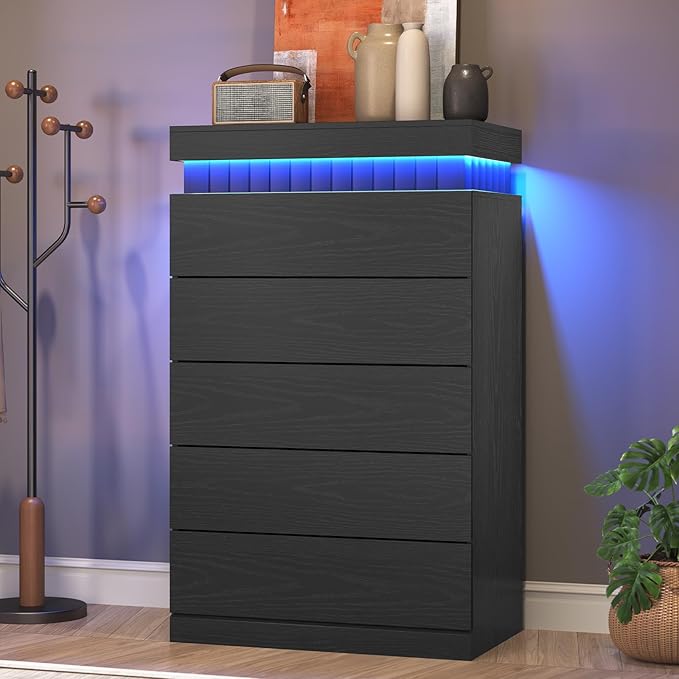Tall Black 5 Dresser for Bedroom, Sliding Top Storage Space, Modern Wood Drawers with LED Light and Power Outlet, Large Chest of Drawer for Living Room, Hallway, Entryway (5 Drawers,Black)
