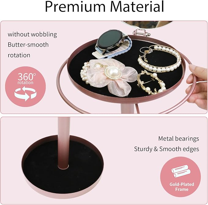 360° Rotating Sunglasses Organizer With Mirror, Metal Glasses Holder Stand, Sunglass Storage Display Eyewear Eyeglasses Rack with Tray for Desk Nightstand Dresser Table Countertop Bedroom, Rose Gold