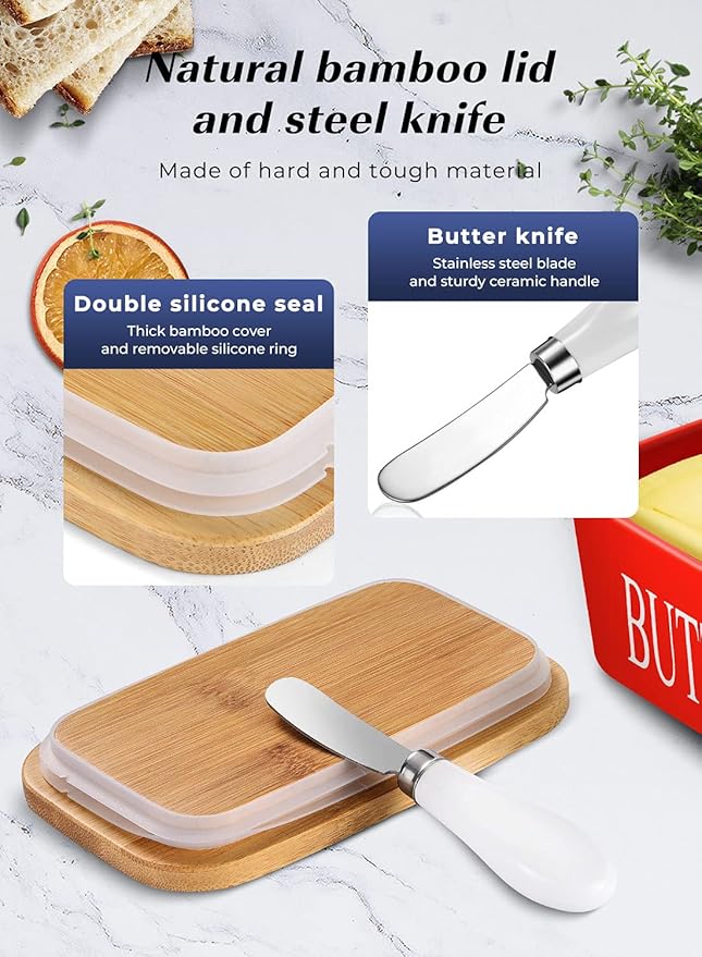 Butter Dish with Lid: Large Butter Container for Countertop - Ceramic Butter Holder for Counter - Butter Tray Butter Keeper with Knife and Sponge Scrubber - Perfect for 2 Sticks of Butter Red