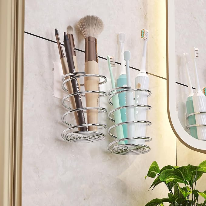 Wall-Mounted Spiral Hair Tool Holder, Adhesive Bathroom Organizer for Toothbrush and Makeup Brushes, Stainless Steel, 8 x 7 cm (3)