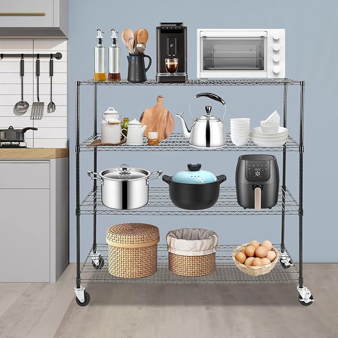 4-Tier Storage Shelving Unit with Wheels, Adjustable Heavy Duty Steel Wire Rack Organizer (24" D x 60" W x 54" H, 480 lbs Capacity) for Garage, Kitchen