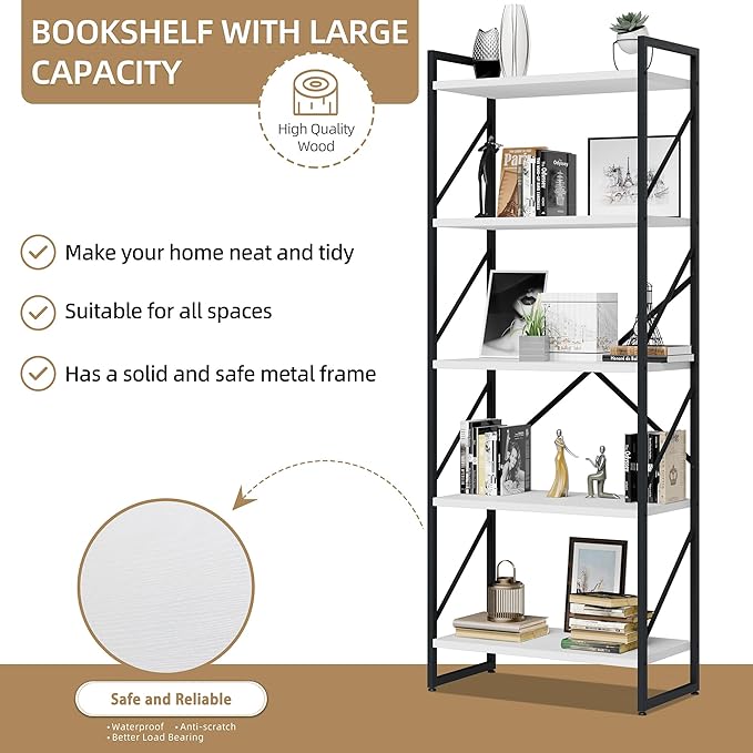 Vongrasig 5 Tier Bookshelf, Modern Tall Bookcase, Industrial Book Shelves Display Standing Shelf, Free Standing Storage Organizer for Bedroom, Living Room, White