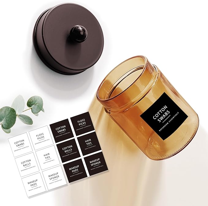 Amolliar Bronze Glass Apothecary Jar With Metal Lid & Stickers, Bathroom Qtip Dispenser Storage Canister, Perfect for Cotton Balls, Cotton Swabs, Makeup Pads, Bath Salt, Floss, 1 Pack (Bronze)