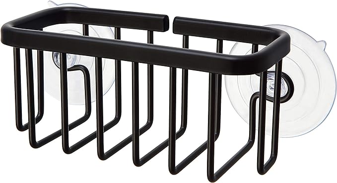 SunnyPoint NeverRust Kitchen & Bathroom Sink Caddy for Sponges, Scrubbers, Soap, 6" x 2.5" x 2.65", with Adhesive Mount - Additional Suction Cup Included –Aluminum (Black)