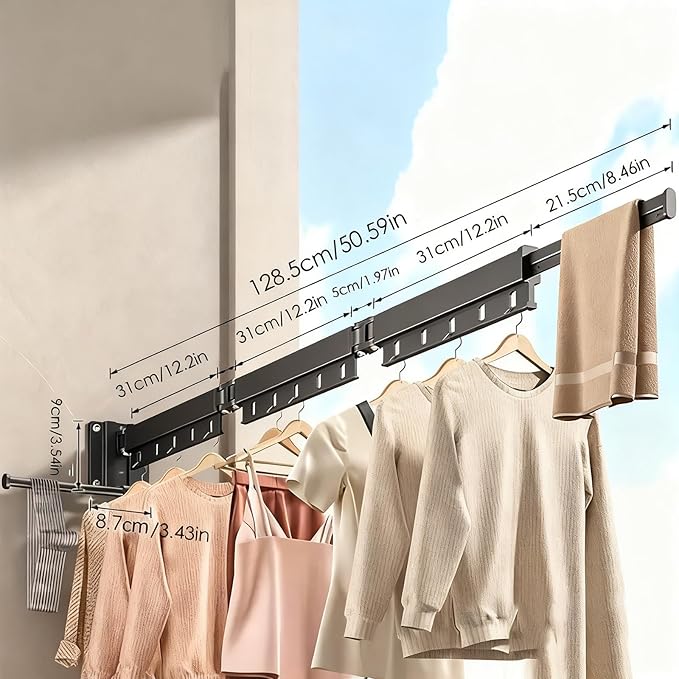 Wall Mounted Drying Rack, 220LB Capacity Tri-Fold Aluminum Clothes Airer, 180° Swivel Space Saving Laundry Rack for Indoor Outdoor Use in Bathroom, Balcony, Kitchen (Black)
