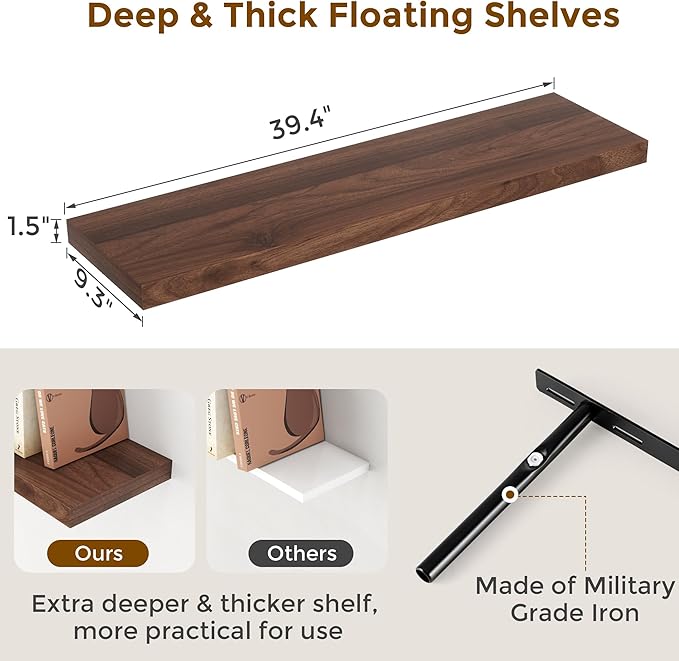 Fun Memories 40 Inch Floating Shelvese, 40" W x 9.3" D Floating Shelf Set of 2, Farmhouse Wood Wall Shelves for Bedroom, Kitchen, Wall Mounted Deep Shelving for Home Decor, Walnut Color