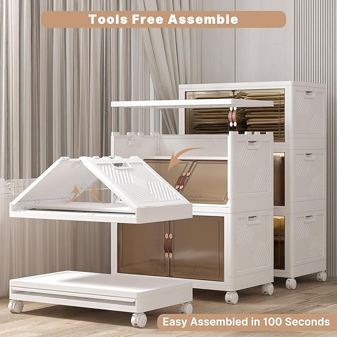 Extra Large Stackable Storage Bins with Lids & Wheels, Foldable Collapsible Closet Organizers Storage Cabinet with Doors for Bedroom Dorm (White, 504QT-168QT/42GAL*3Pack)