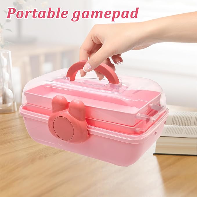 3-Tier Lockable Hair Accessories Organizer for Girls - Foldable Craft Storage Box Pink Plastic box with 2 Trays for Headbands, Art Supplies, Beads & Washi Tapes