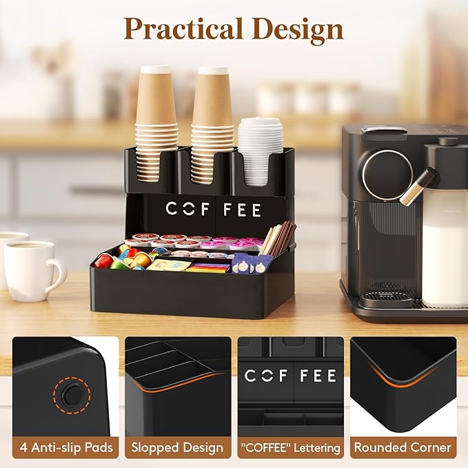 Lifewit 2-tier Coffee Station Organizer for Countertop, 10 Compartments, Tea Condiment Storage,Coffee Bar Organizer for Office Breakroom, Home Kitchen, Black