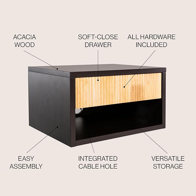 JONATHAN Y NST2001A Elise 15.71" Classic Contemporary Floating Wall Mounted Nightstand with Soft-Close Tambour Drawer and Cable Hole, Black/Light Oak
