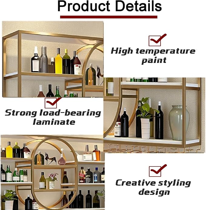 55.1IN Large Wall Mount Wine Rack, Metal 4 Tier Hanging Bottle Holder with Wine Glass Storage Racks, Modern Floating Wine Shelves for Home Bar Dining Room Decoration (Gold)