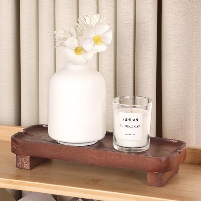Wood Riser Small Decorative Tray Sink Soap Dish, Vanity Tray Pedestal Stand 8.7 x 3.6 inches (Dark Brown)