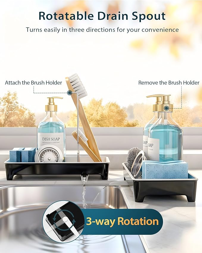 Ceramic-Look Sink Caddy, Rustproof Sponge Holder for Kitchen Sink with 304 Stainless-Steel Brush Holder, Countertop Rack Organizer with Raised Ridges & Silicone Drain Tube (Black)
