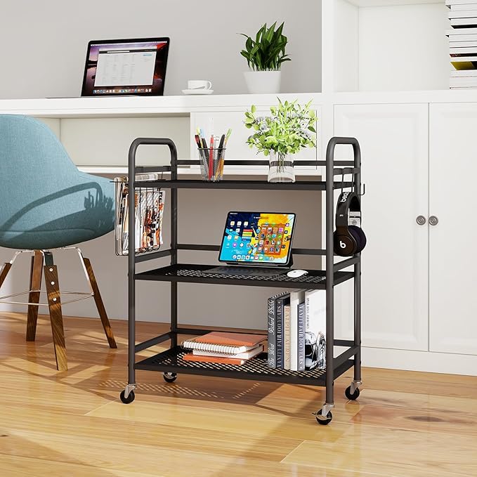 HDANI 3 Tier Metal Mesh Utility Cart,Large Capacity Multipurpose Heavy Vehicle,Rolling Trolley with to Hooks and One Basket(Black)