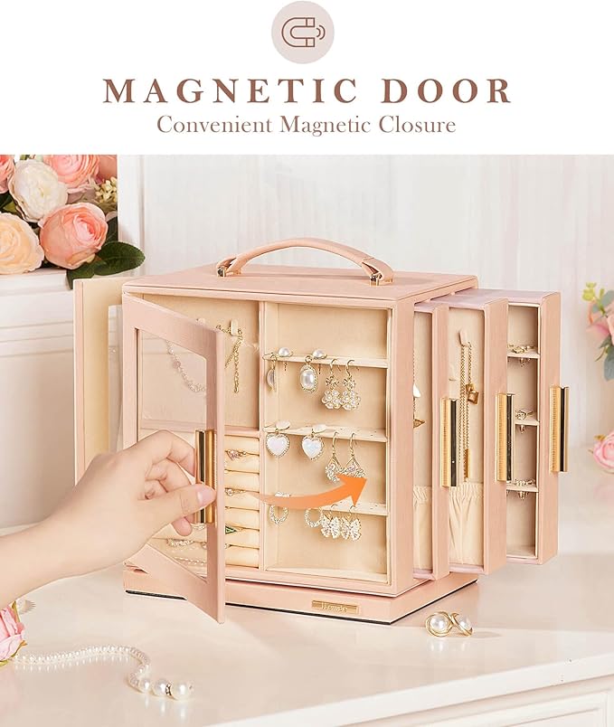 Homde Christmas Gifts Jewelry Box 360° Rotating, Necklace Earring Organizer with Transparent Window, Mirror, 7 Drawers, Large Ring Display Storage Case for Girls Women (Peach Pink)
