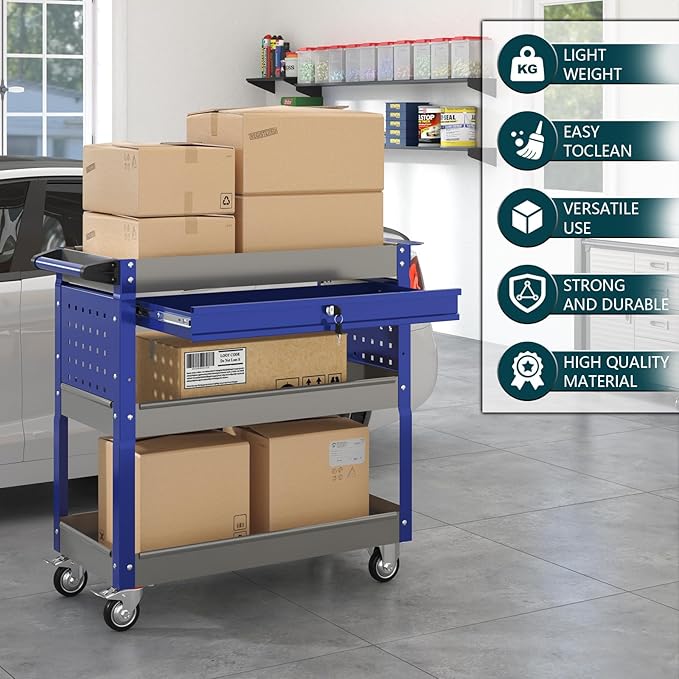 3 Tier Rolling Tool Cart on Wheels with Locking Drawer - Metal Service Cart Industrial Utility Cart for Mechanic - 350 LBS Mobile Storage Organizer for Garage. (Gray-Blue)