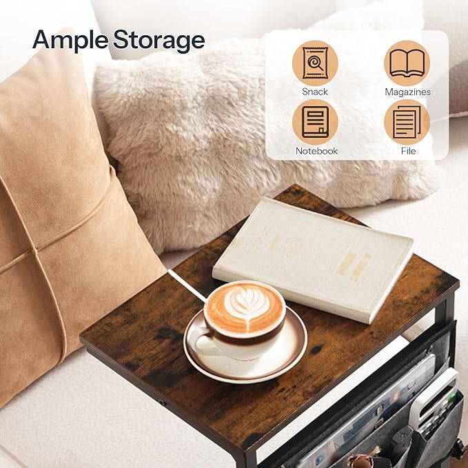 HOOBRO C Shaped End Table, Set of 2, 29.5’’ Adjustable Height Side Table with Storage Pockets, Couch Table Slide Under for Sofa, Small Space, for Living Room, Rustic Brown and Black BF77SFP201