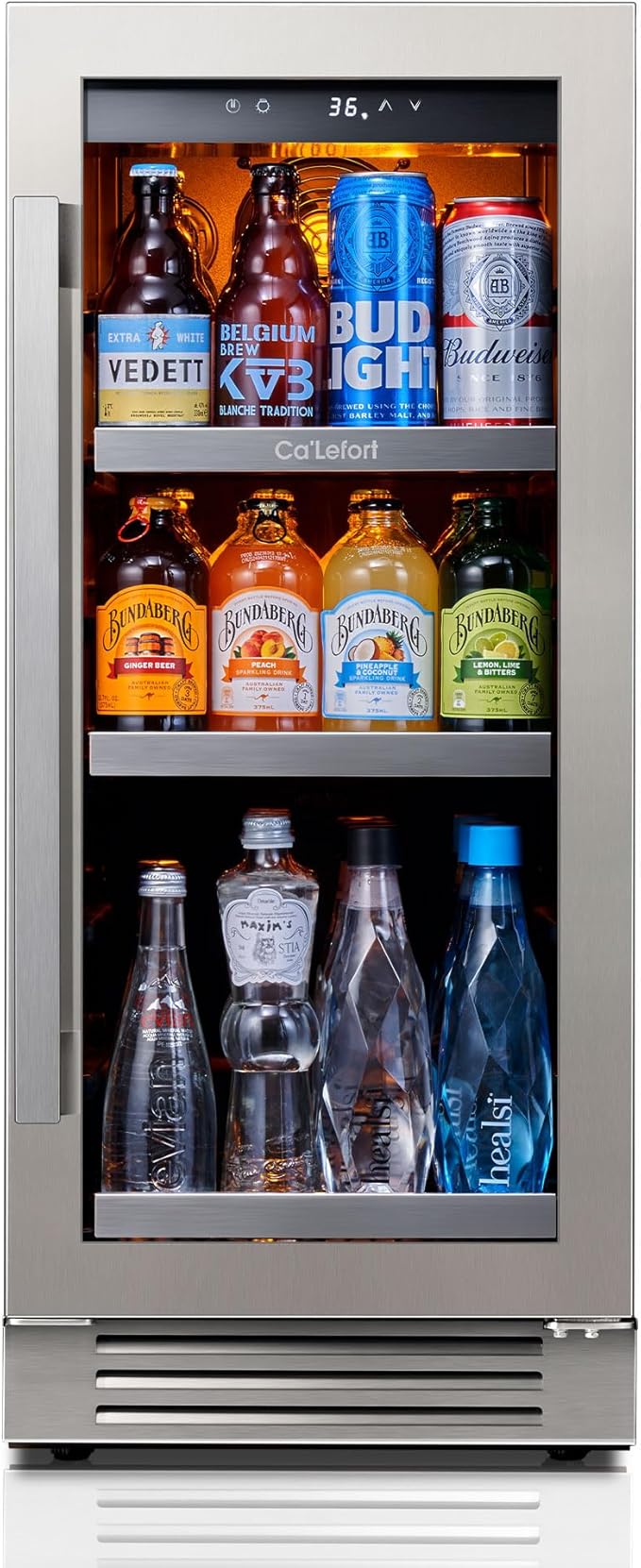 Ca'Lefort 15 Inch Beverage Refrigerator - 100 Can Small Beverage Fridge, Drink Fridge Glass Door 3 LED 34°F -54°F Beverage Cooler Built-in or Freestanding, Perfect for Home/Kitchen(3.0 cu.ft)