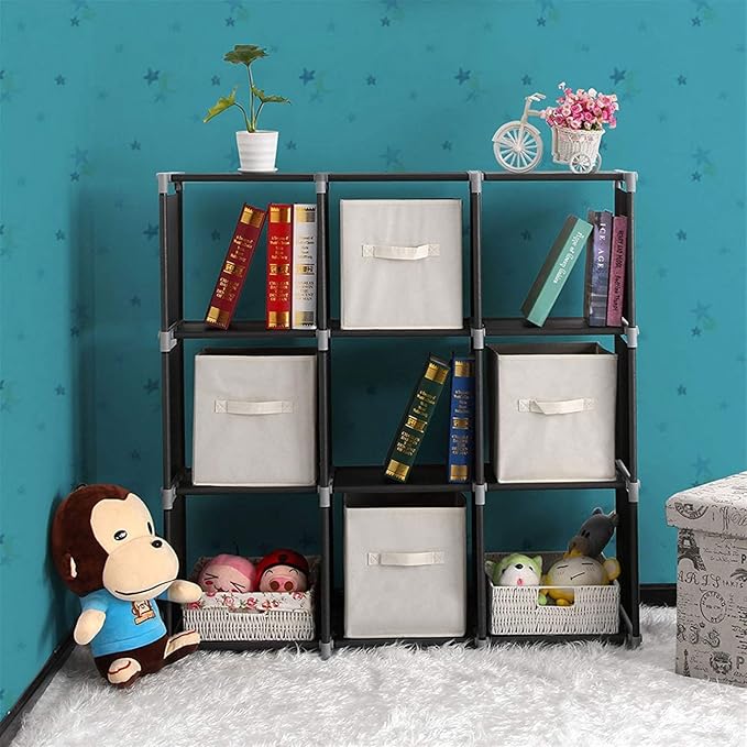 3-Tier 9-Cube Storage Shelf Organizer, Metal Tube and Non-Woven Fabric Storage Rack for Bathroom, Bedroom, or Living Room, Space-Saving & Easy to Assemble