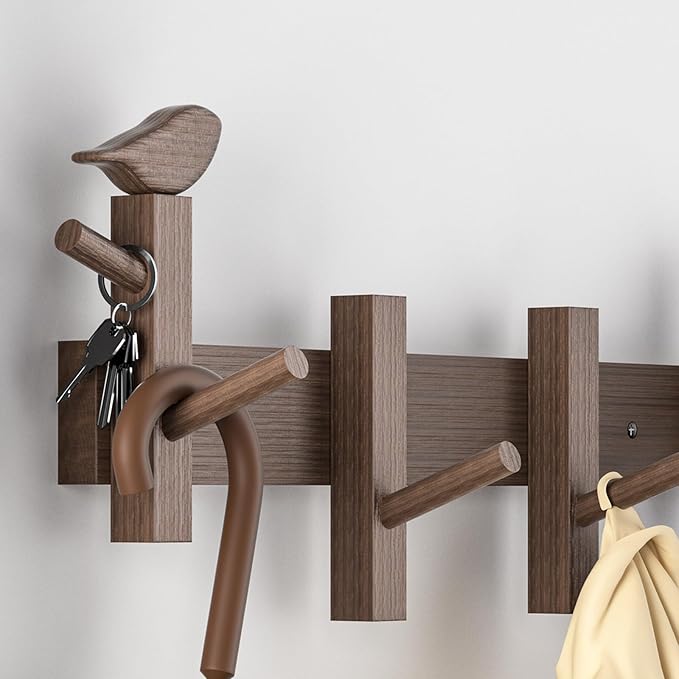 Coat Rack Wall Mount，Solid Acacia Wall Mounted Coat Rack with 4+2 Heavy Duty Wall Hooks for Hanging Coats，Backpacks，Towels，etc. Coat Hooks Wall Mount for Entryway, Bathroom,etc